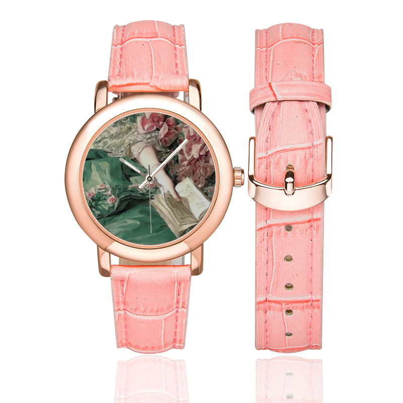 GIRL WITH BOOK Women's Rose Gold Leather Strap Watch(Model 201)