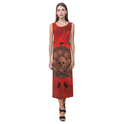 Skulls on red vintage background Phaedra Sleeveless Open Fork Long Dress (Model D08)