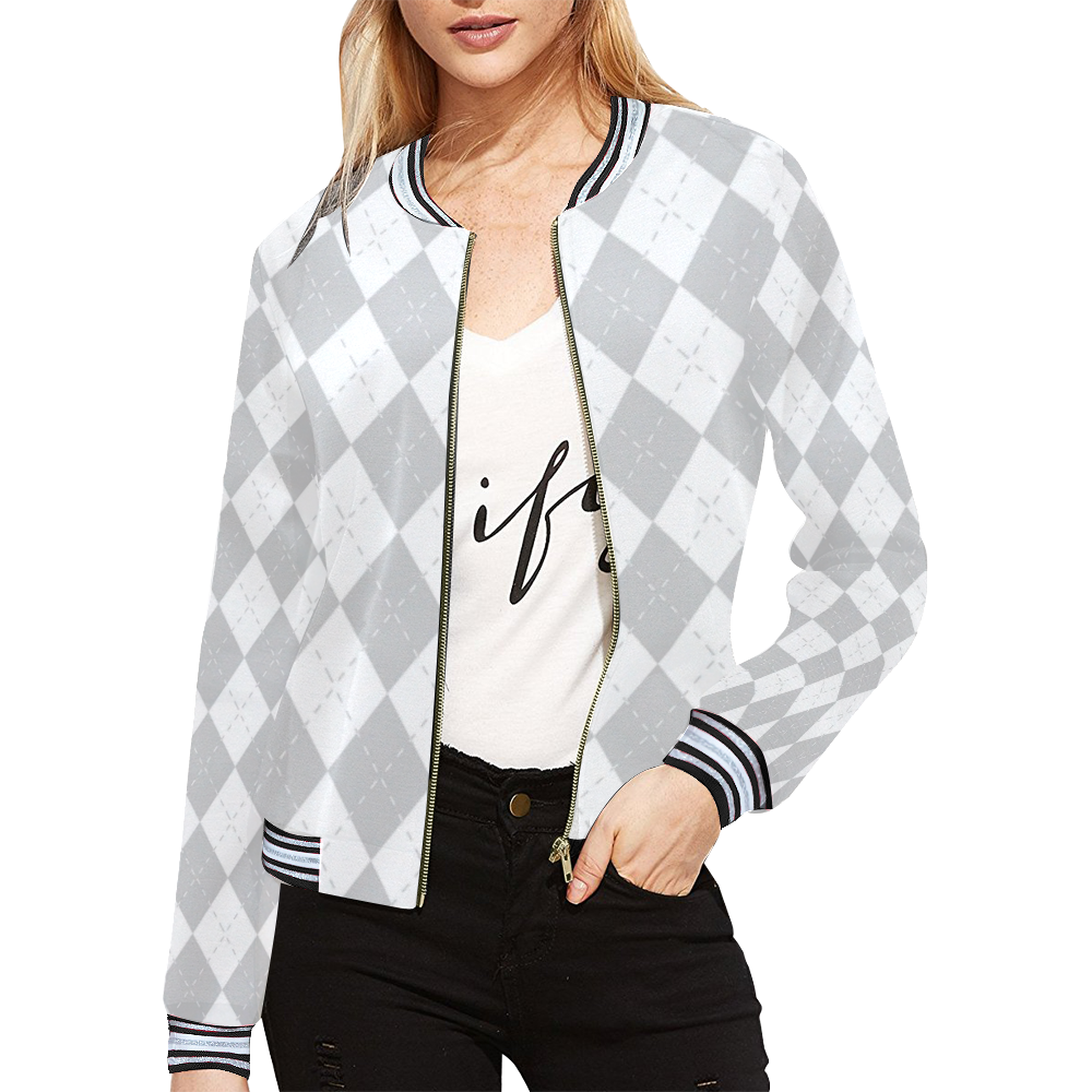 Grey and White Argyle All Over Print Bomber Jacket for Women (Model H21)