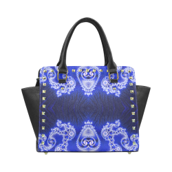 Blue and White Hearts  Lace Fractal Abstract Rivet Shoulder Handbag (Model 1645)