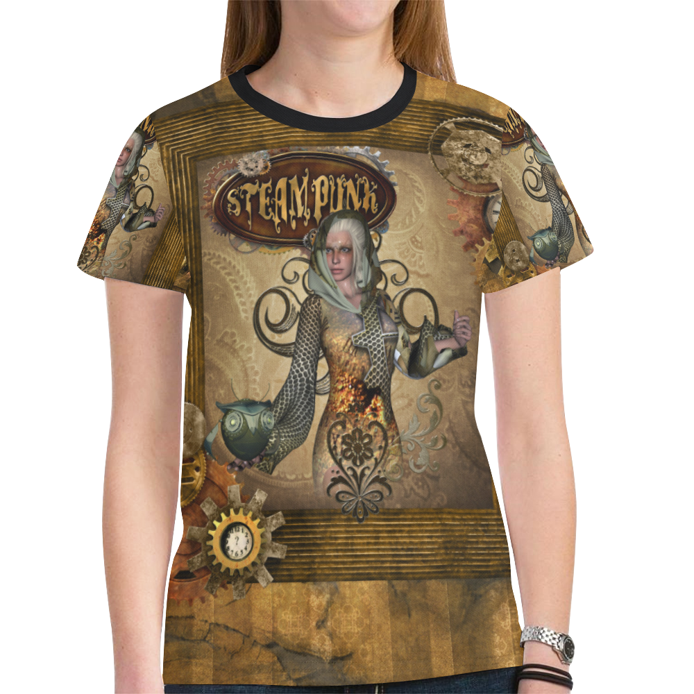 Steampunk lady with owl New All Over Print T-shirt for Women (Model T45)
