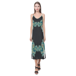 Aqua and Black  Hearts Lace Fractal Abstract V-Neck Open Fork Long Dress(Model D18)
