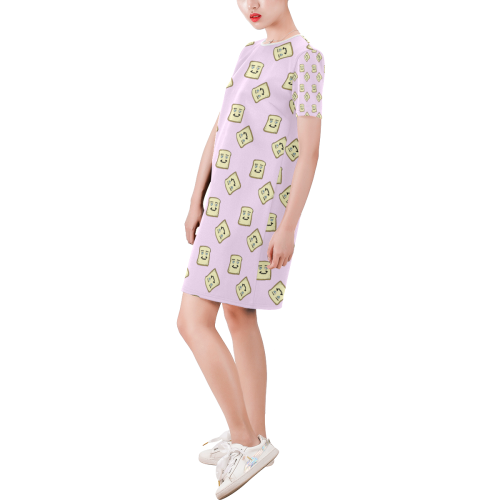 happy toast pink Short-Sleeve Round Neck A-Line Dress (Model D47)