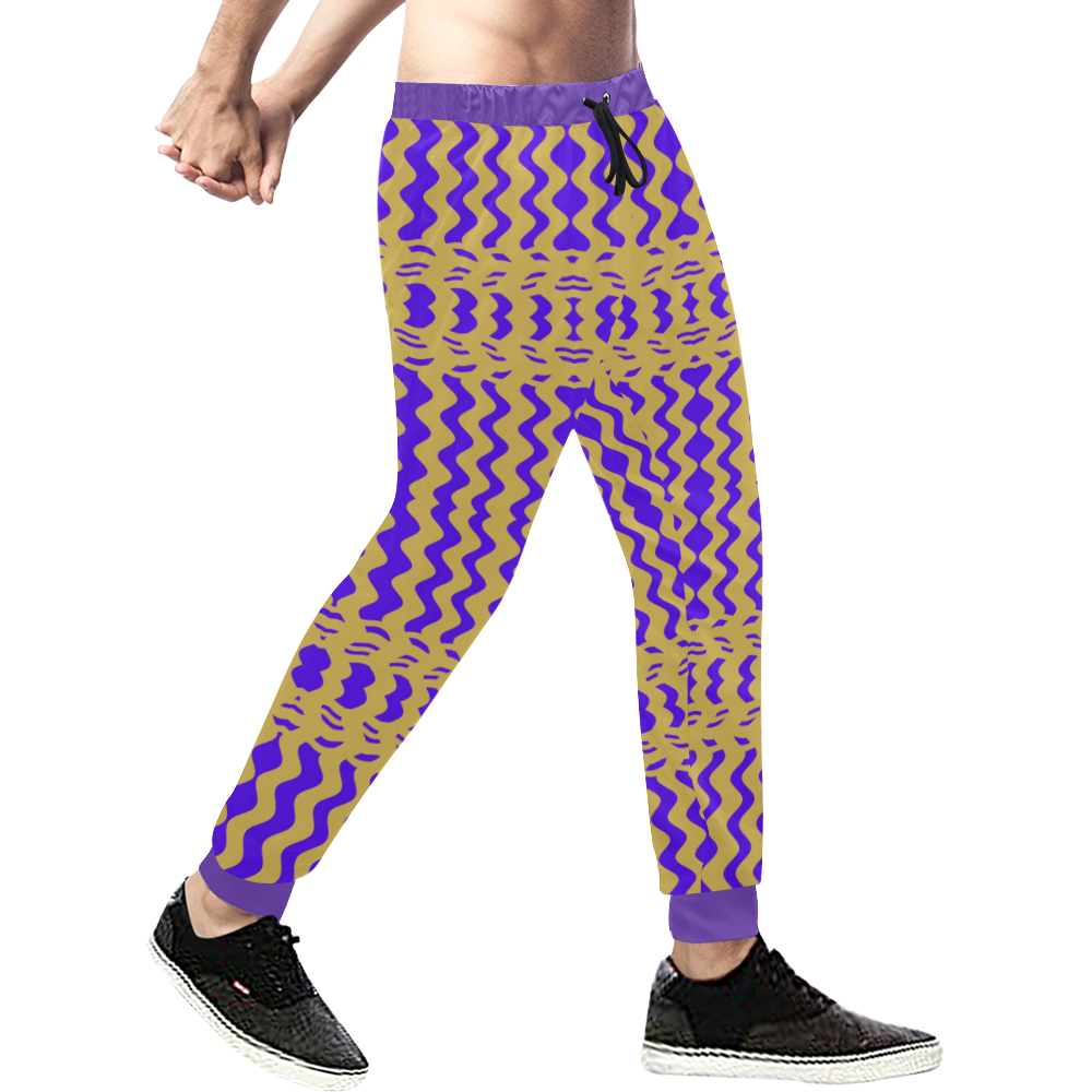 Purple Yellow Modern  Waves Lines Men's All Over Print Sweatpants (Model L11)