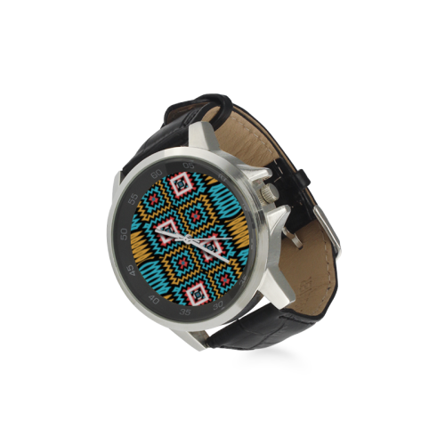 Shapes on a black background Unisex Stainless Steel Leather Strap Watch(Model 202)