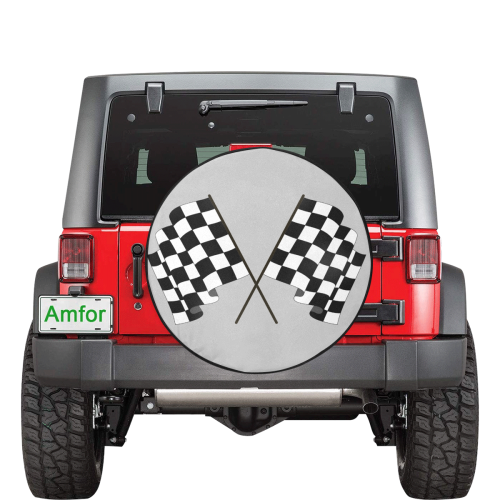 Checkered Race Flags on Black and Silver 34 Inch Spare Tire Cover