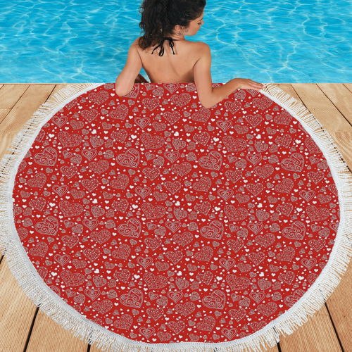 red white hearts Circular Beach Shawl 59"x 59"