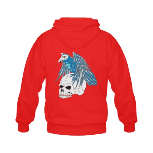 Raven Sugar Skull Red Gildan Full Zip Hooded Sweatshirt (Model H02)