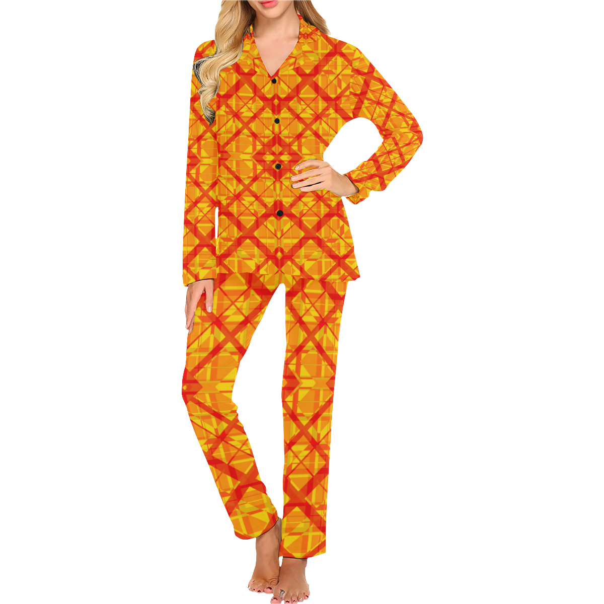 Fire Red and Yellow Plaid Pattern Women's Long Pajama Set