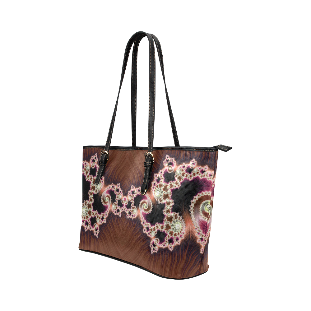 Copper and Pink Hearts Lace Fractal Abstract Leather Tote Bag/Small (Model 1651)