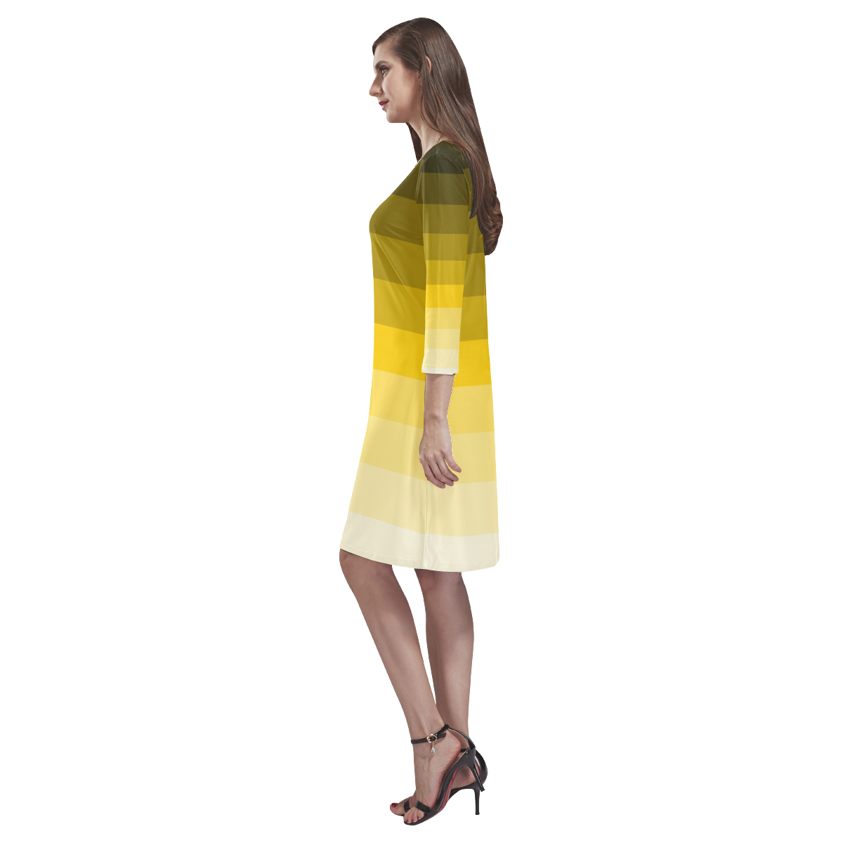 Green yellow stripes Rhea Loose Round Neck Dress(Model D22)