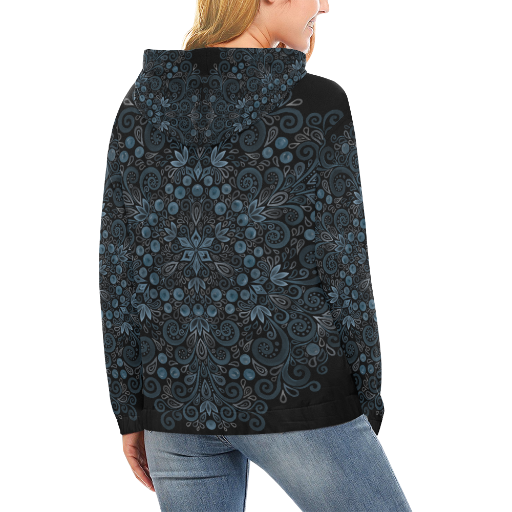 Blueberry Field, Blue, Watercolor Mandala on Black All Over Print Hoodie for Women (USA Size) (Model H13)