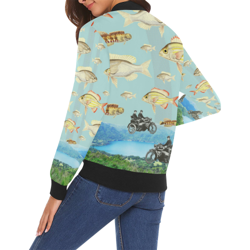 VINTAGE MOTORCYCLES AND COLORFUL FISH... IN THE MOUNTAINS All Over Print Bomber Jacket for Women (Model H19)