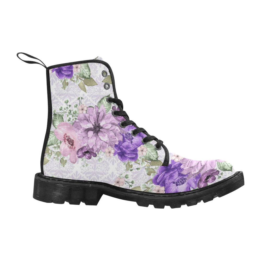 Purple Flower Boots, Sweet Girl Martin Boots for Women (Black) (Model 1203H)