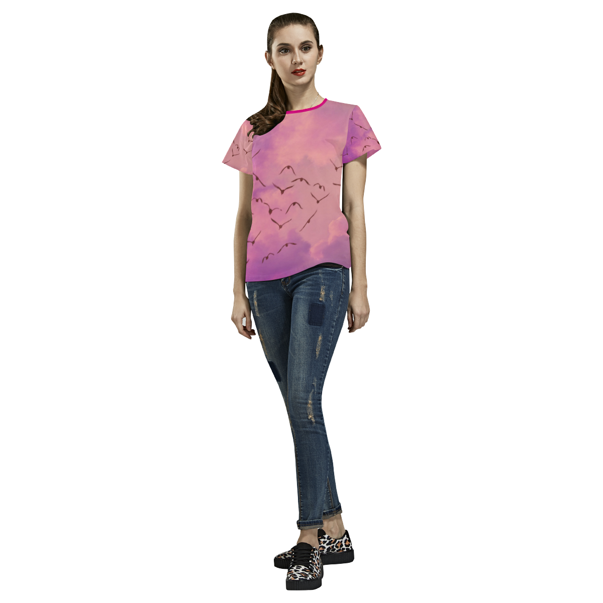 Trendy Birds, pink by JamColors All Over Print T-shirt for Women/Large Size (USA Size) (Model T40)