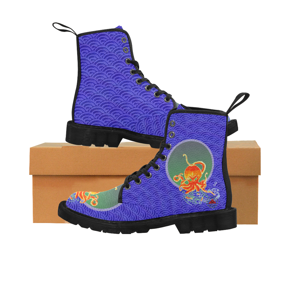 The Lowest of Low Japanese Angry Octopus Purple Waves Martin Boots for Women (Black) (Model 1203H)