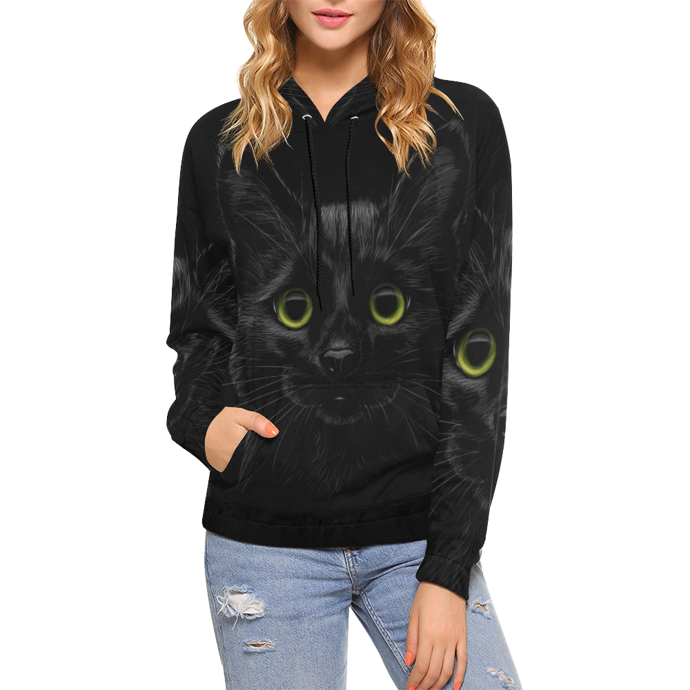 Black Cat All Over Print Hoodie for Women (USA Size) (Model H13)