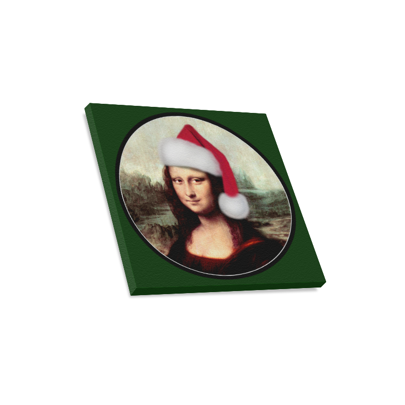 Christmas Mona Lisa with Santa Hat Green Canvas Print 16"x16"