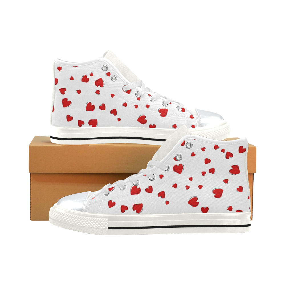 Red Hearts Floating on White High Top Canvas Shoes for Kid (Model 017)