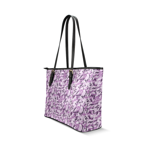 Woodland Pink Purple Camouflage Leather Tote Bag/Large (Model 1640)