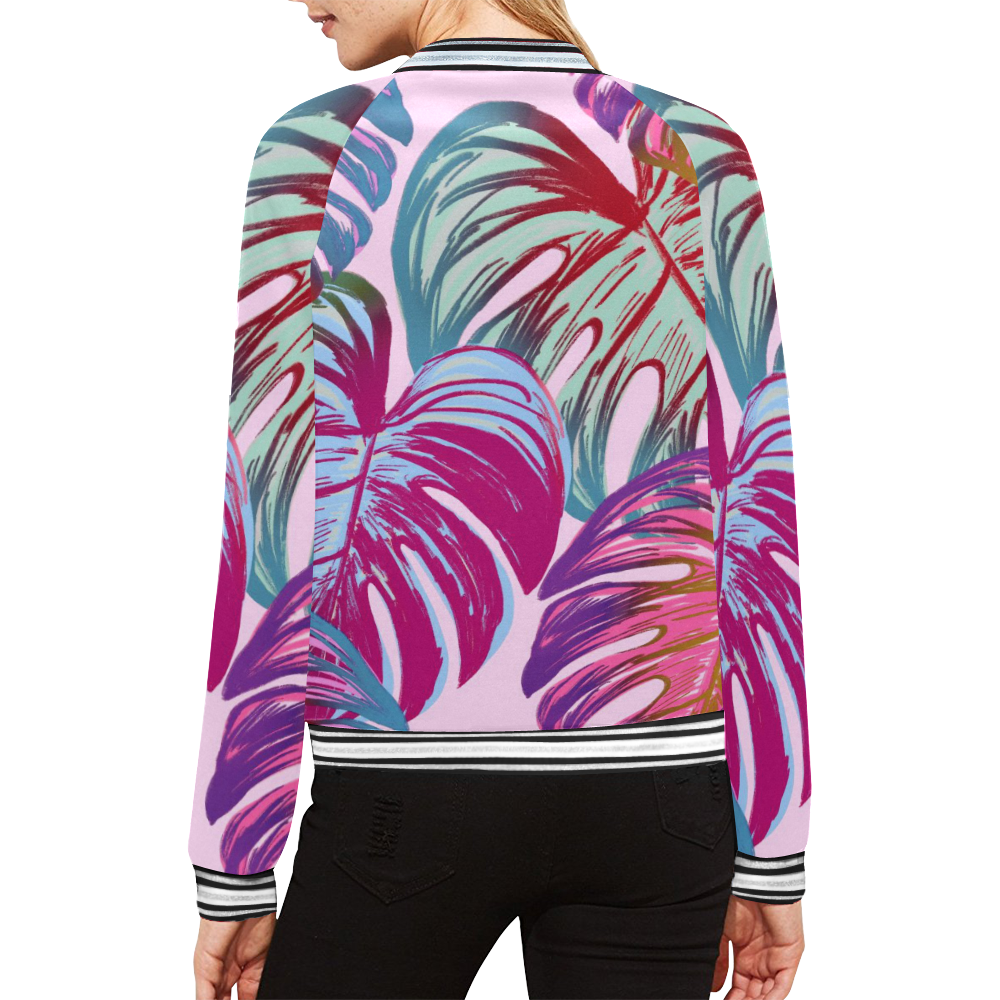 Pretty Leaves B by JamColors All Over Print Bomber Jacket for Women (Model H21)