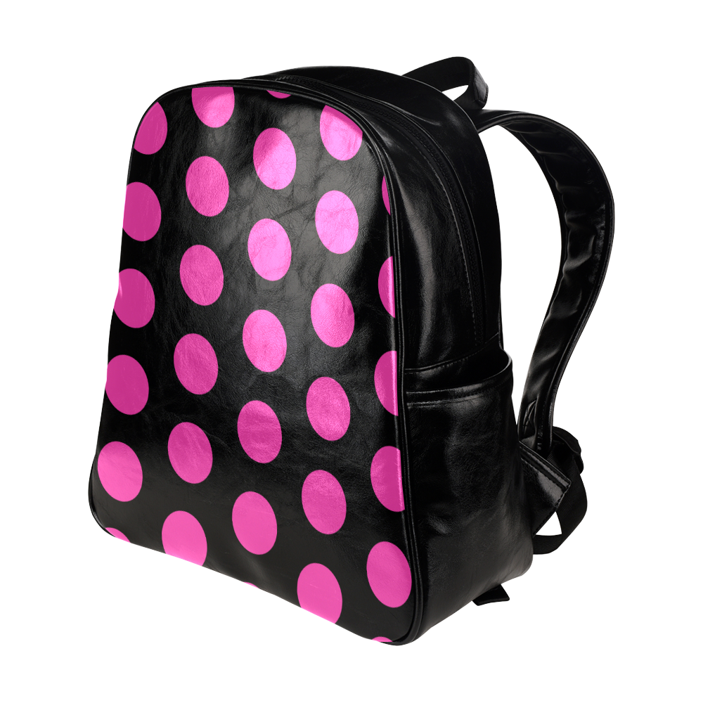 Pink Polka Dots on Black Multi-Pockets Backpack (Model 1636)