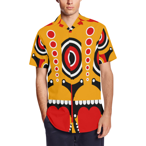 Red Yellow Tiki Tribal Men's Short Sleeve Shirt with Lapel Collar (Model T54)