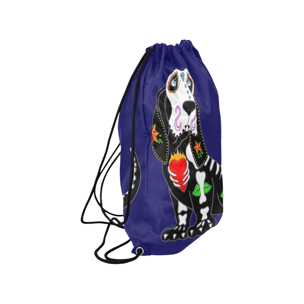 Basset Hound Sugar Skull Navy Blue Medium Drawstring Bag Model 1604 (Twin Sides) 13.8"(W) * 18.1"(H)