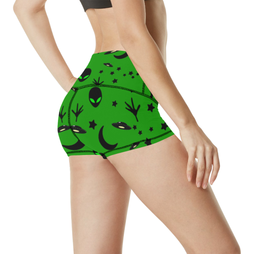 Alien Flying Saucers Stars Pattern on Green Women's All Over Print Yoga Shorts (Model L17)