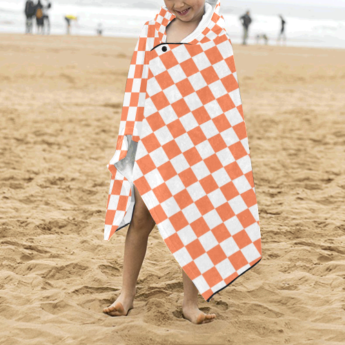 Living Coral Color Checkerboard Kids' Hooded Bath Towels