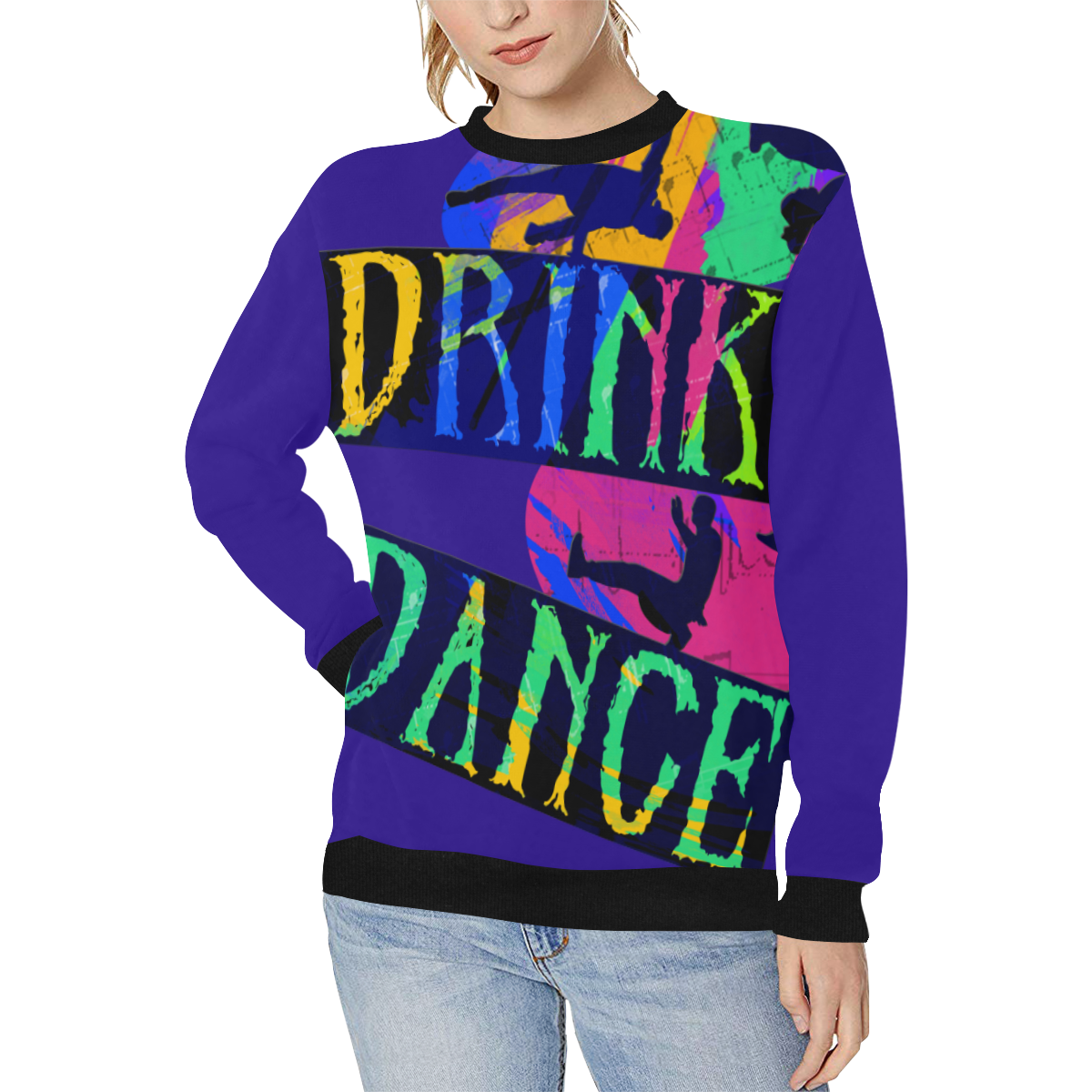 Break Dancing Colorful / Purple Women's Rib Cuff Crew Neck Sweatshirt (Model H34)