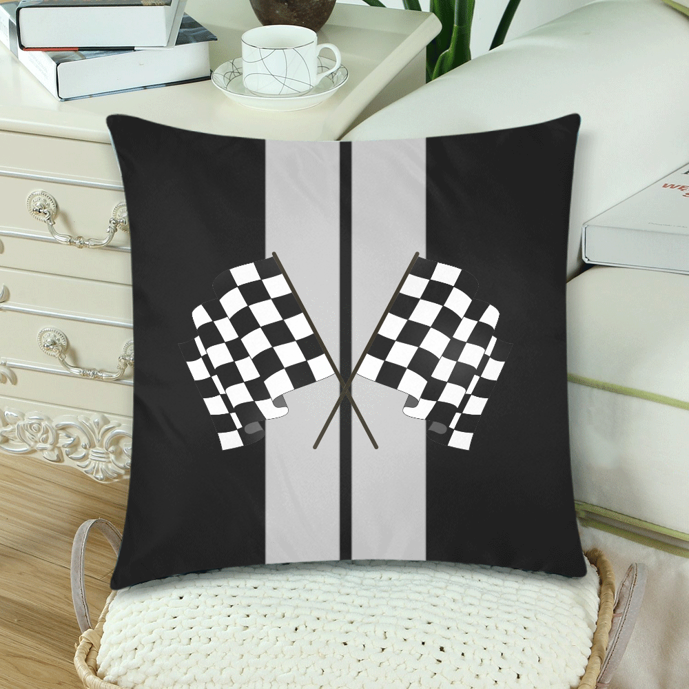 Race Car Stripe, Checkered Flag, Black and Silver Custom Zippered Pillow Cases 18"x 18" (Twin Sides) (Set of 2)