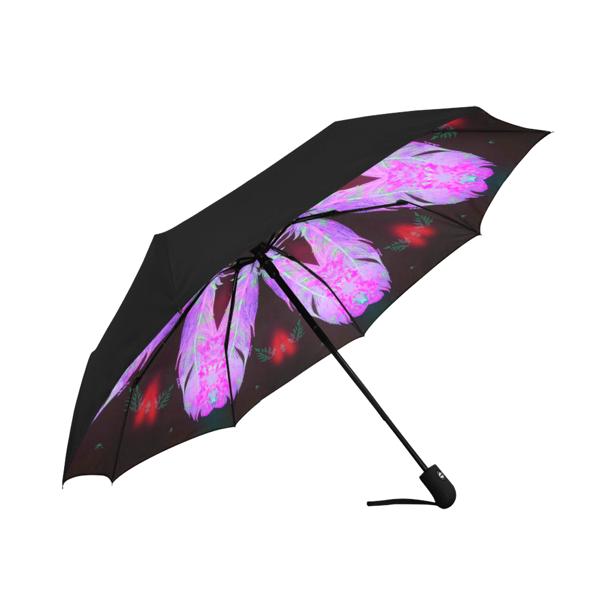 Black with purplish pink feather Anti-UV Auto-Foldable Umbrella (Underside Printing) (U06)