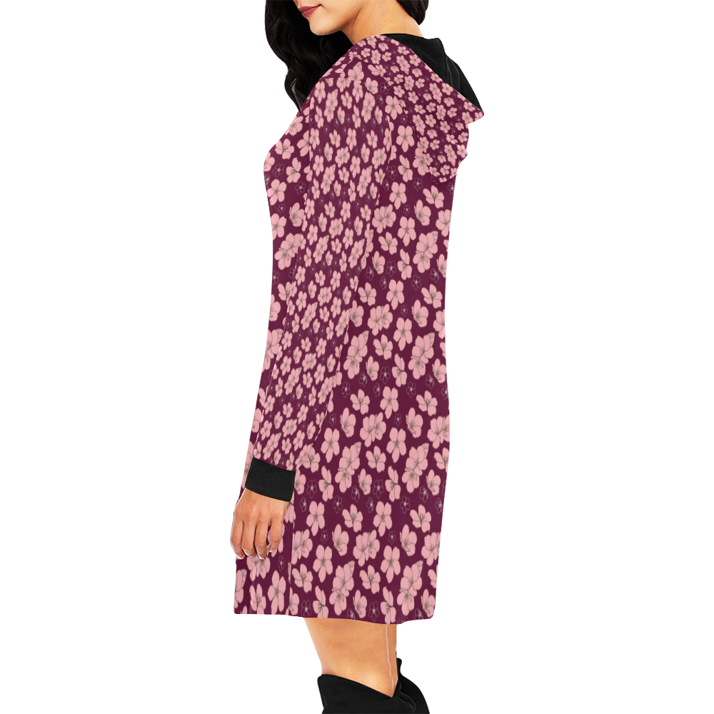 Burgundy Floral All Over Print Hoodie Mini Dress (Model H27)