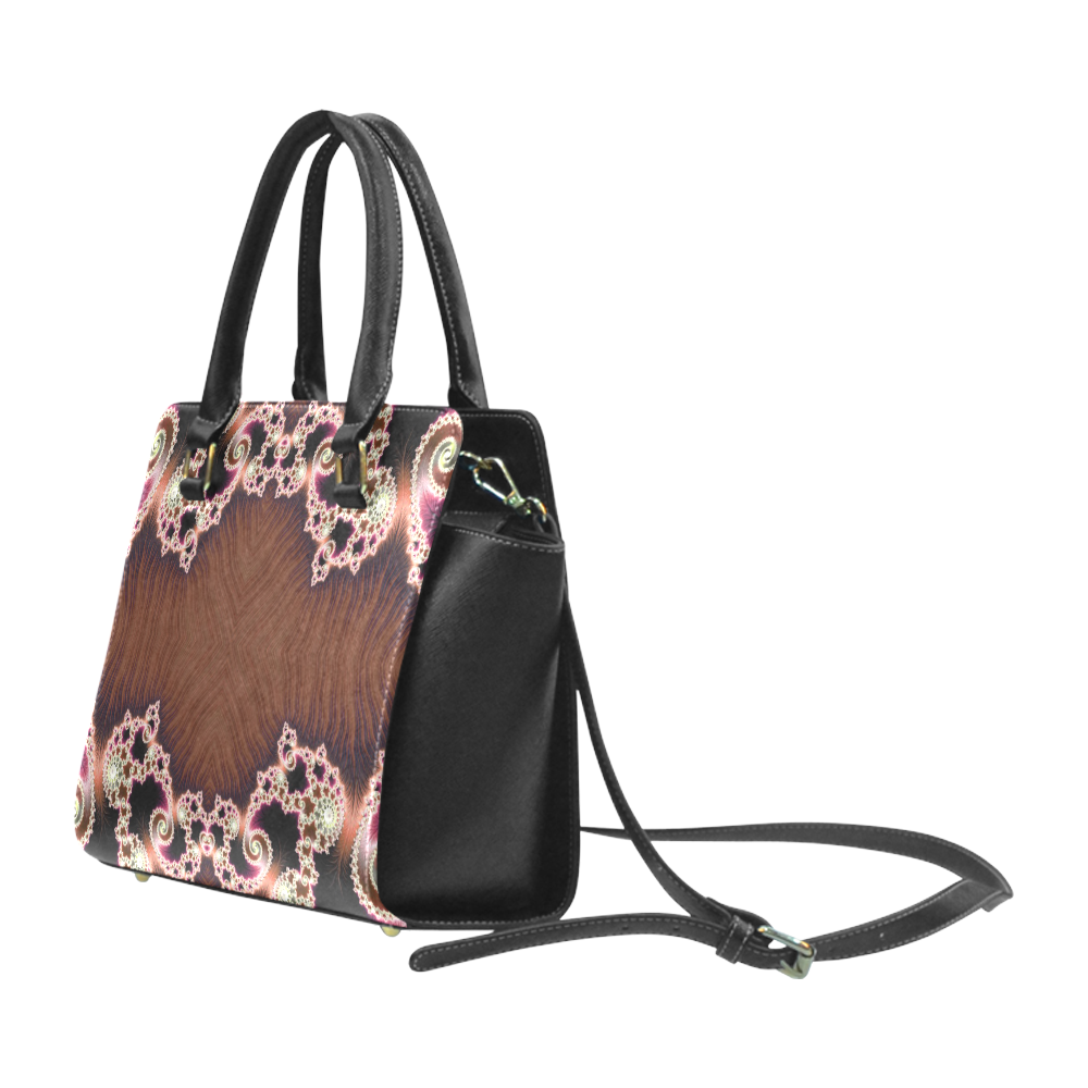 Copper and Pink Hearts Lace Fractal Abstract Rivet Shoulder Handbag (Model 1645)