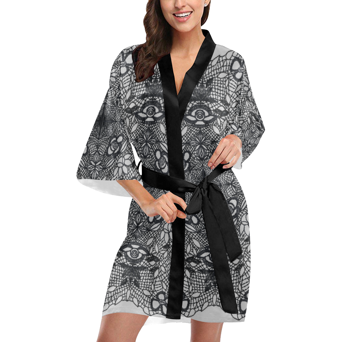 Black Crocheted Lace Mandala Pattern on gray Kimono Robe