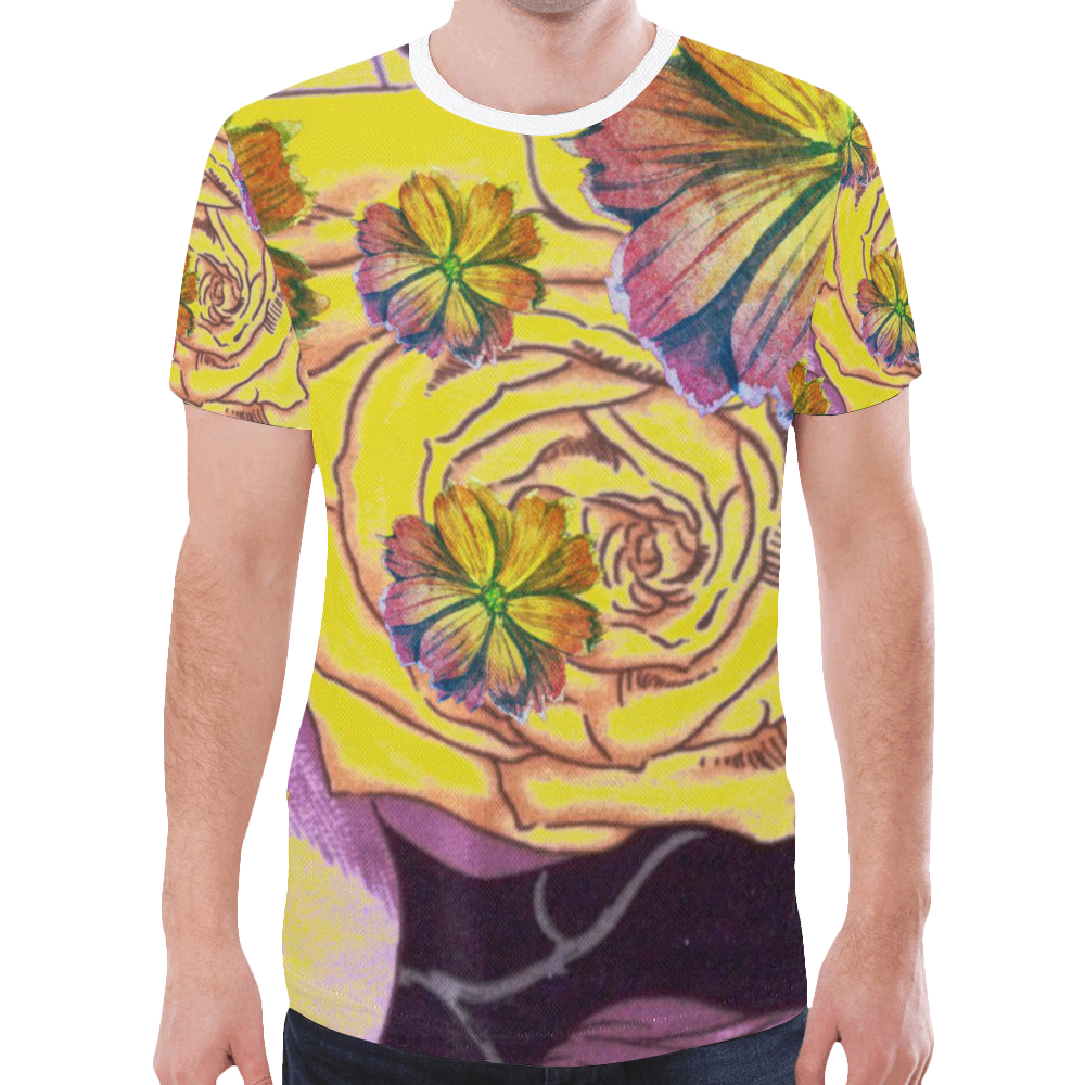 Watercolor Flowers Yellow Purple Green New All Over Print T-shirt for Men (Model T45)