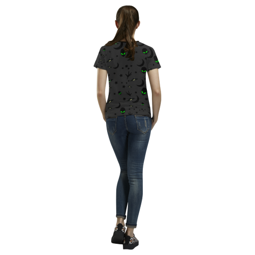 Alien Flying Saucers Stars Pattern on Charcoal All Over Print T-shirt for Women/Large Size (USA Size) (Model T40)