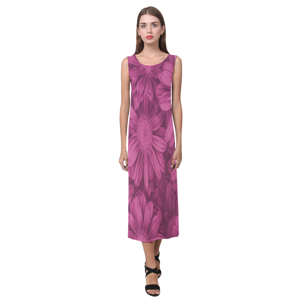 Rasberry Floral Midi Length Dress Phaedra Sleeveless Open Fork Long Dress (Model D08)
