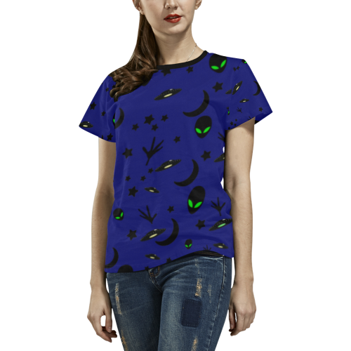 Alien Flying Saucers Stars Pattern on Blue All Over Print T-shirt for Women/Large Size (USA Size) (Model T40)