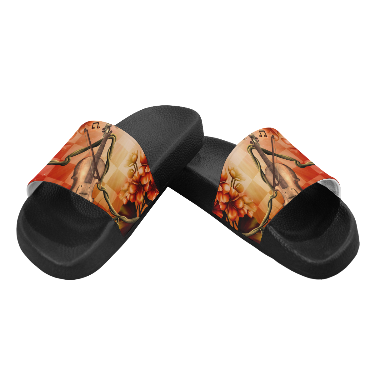 Violin and violin bow with flowers Women's Slide Sandals (Model 057)