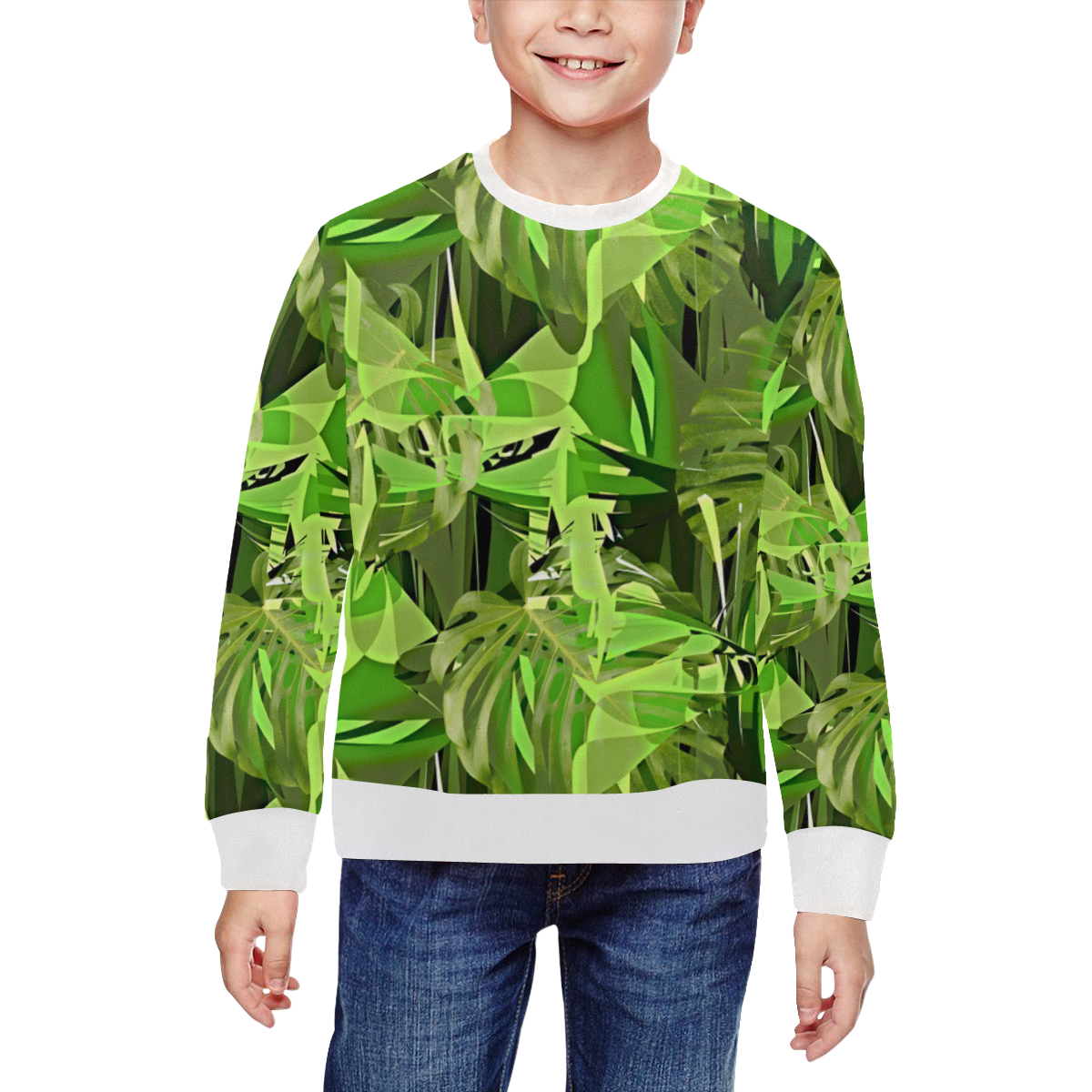 Tropical Jungle Leaves Camouflage All Over Print Crewneck Sweatshirt for Kids (Model H29)