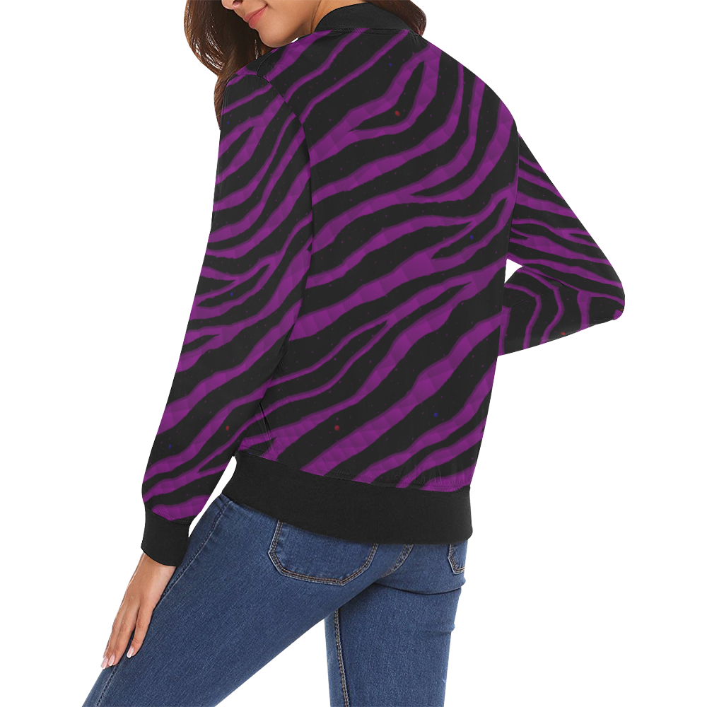 Ripped SpaceTime Stripes - Purple All Over Print Bomber Jacket for Women (Model H19)