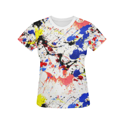 Blue and Red Paint Splatter (White Trim) All Over Print T-shirt for Women/Large Size (USA Size) (Model T40)
