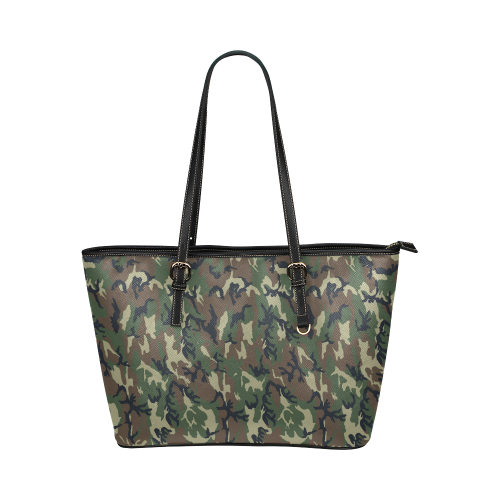 Woodland Forest Green Camouflage Leather Tote Bag/Large (Model 1651)