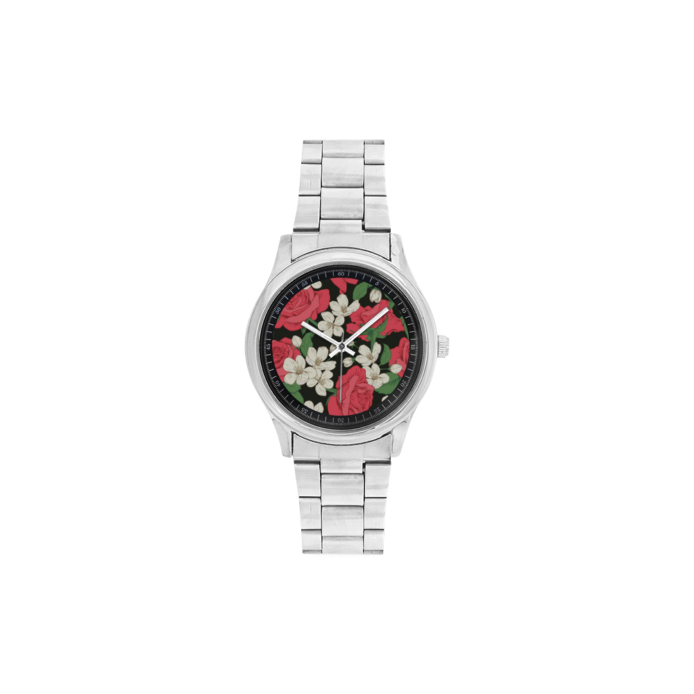 Pink, White and Black Floral Men's Stainless Steel Watch(Model 104)