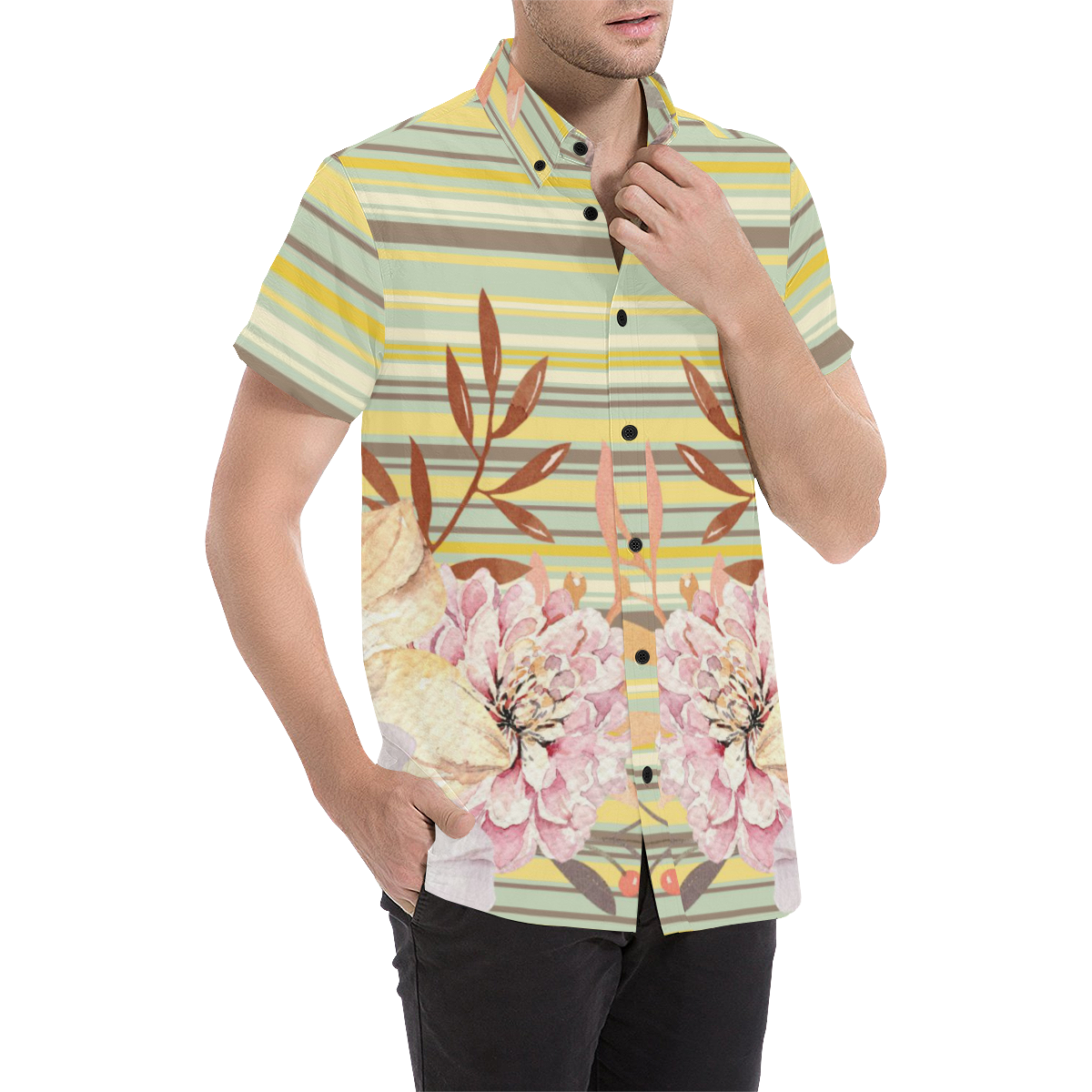 Floral on Stripes Men's All Over Print Short Sleeve Shirt (Model T53)