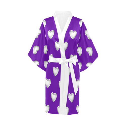 Silver 3-D Look Valentine Love Hearts on Purple Kimono Robe