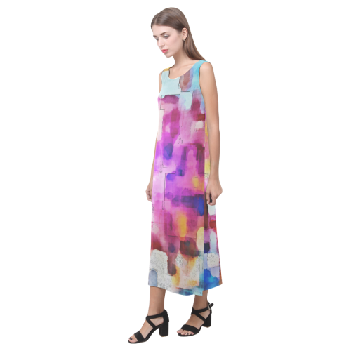 Blue pink watercolors Phaedra Sleeveless Open Fork Long Dress (Model D08)