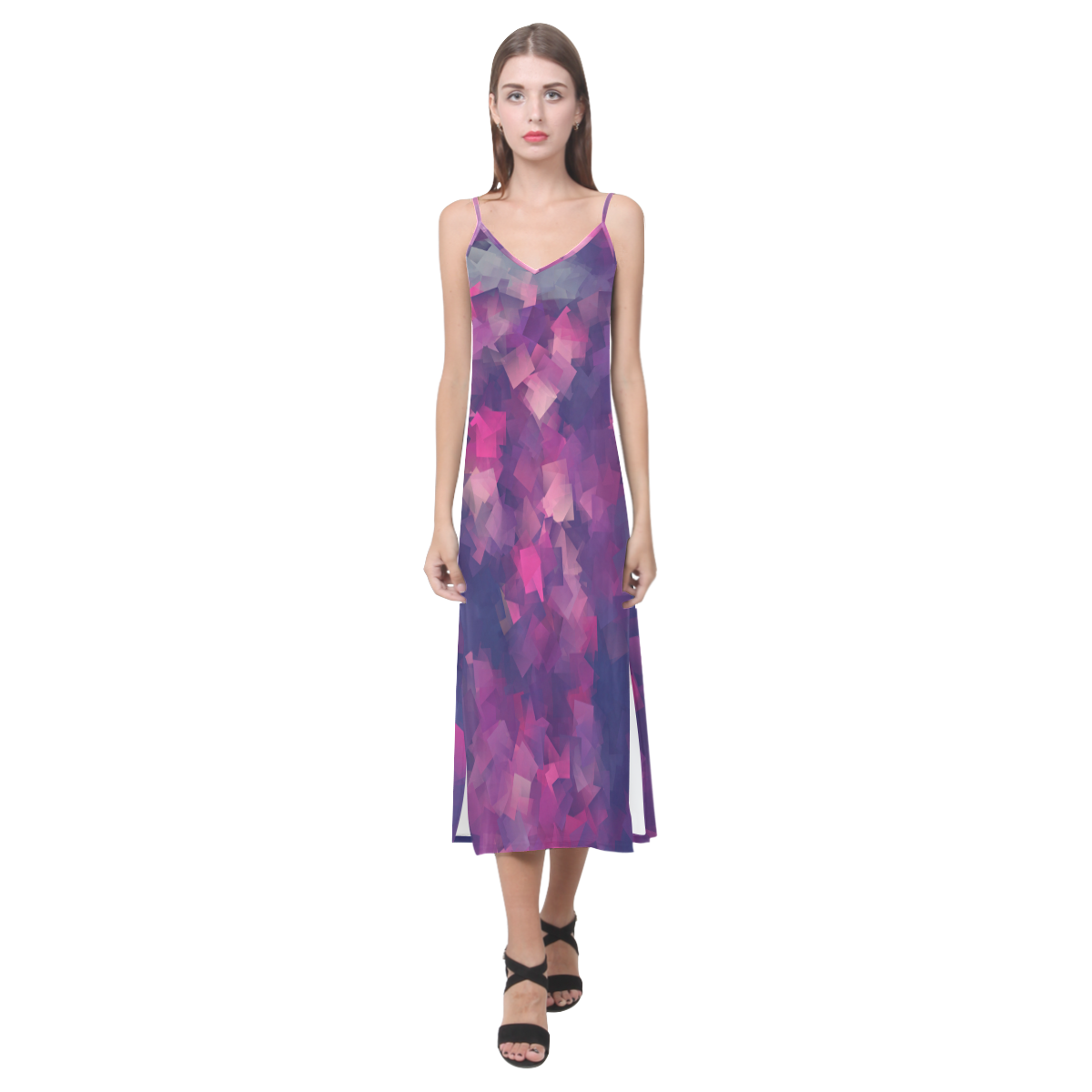 purple pink magenta cubism #modern V-Neck Open Fork Long Dress(Model D18)